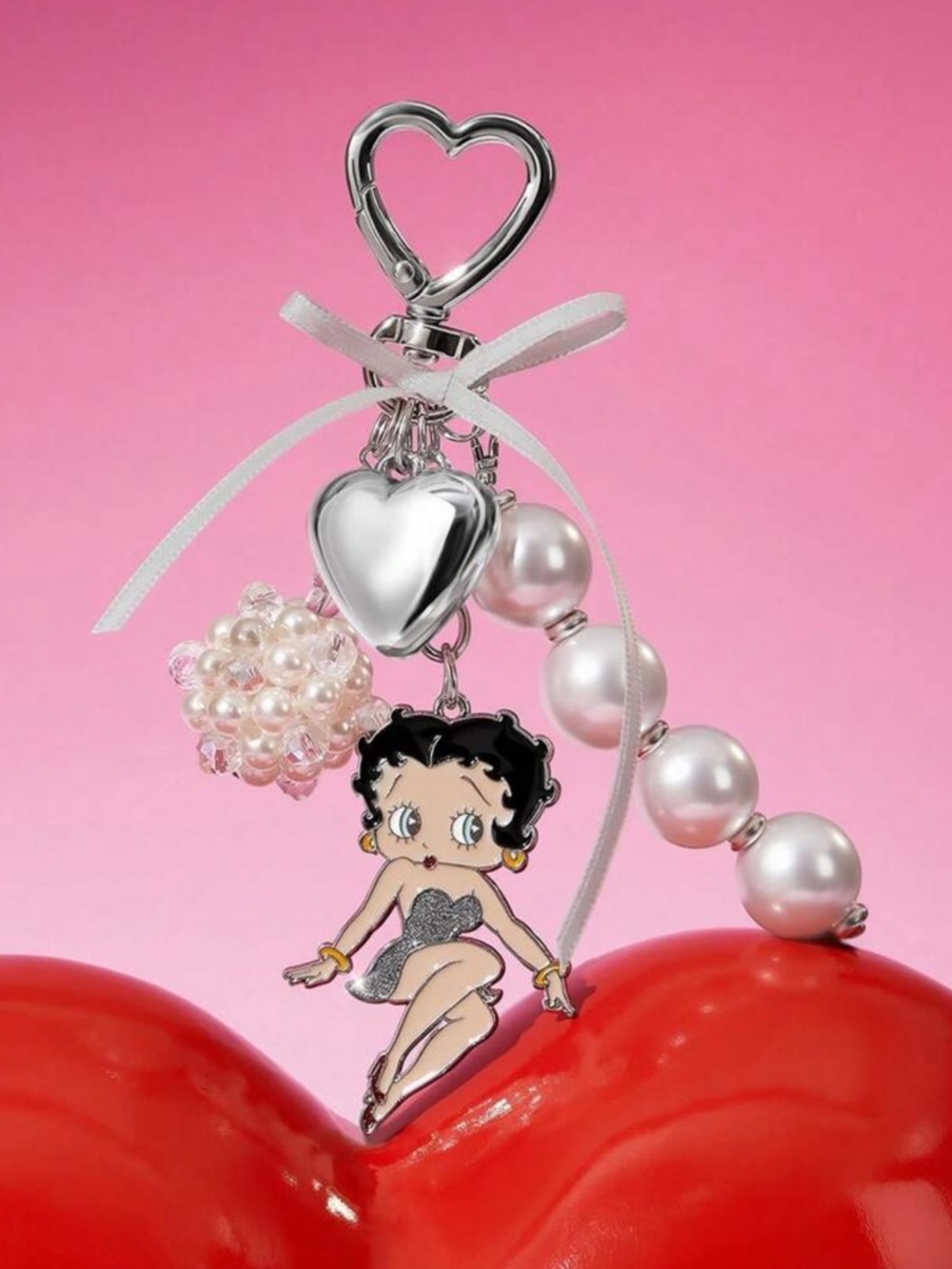 Betty Boop Heart & Pearl  silver bag Charm/ Keychain